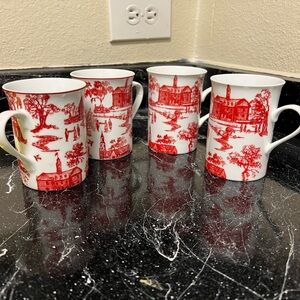 Set of 4 Vintage Colonial Williamsburg Red and White Townscape Toile Mugs